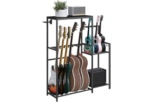 MAHANCRIS Soporte multiguitarra para guitarra, bajo, ukelele, hasta 7 piezas, con soporte de amplificador y accesorios