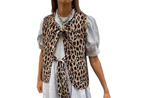 Nicoxijia Leopard Print Tie Front Tops for Women Y2k Waistcoat Cheetah Print Bow Top Sleeveless Embroidered Cardigan Vest
