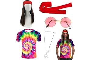 Aomantic Sarl Hippie Kostüm Set, 5 Hippie Perücken Kostüm Zubehör Set, Hippie T-Shirt, Sonnenbrille, Frieden Zeichen Halskette, Hippie Perücke Herren, Hippie Stirnband, 70er Kostüme für Disco Party
