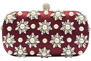 CORIOS Bolsa de Noche para Mujer con Diamantes de Imitación y Cristal - Elegante Bolso de Hombro con Perlas para Fiesta y Boda - Pequeño Clutch Lujoso Vino Tinto