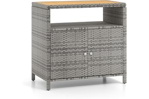 COSTWAY Gartenschrank Rattan, Terrassenschrank mit Akazienholz-Arbeitsplatte, offenem Fach und Doppeltür, Outdoor Aufbewahrungsschrank für Garten, Terrasse, 90 x 53 x 86 cm (Grau)