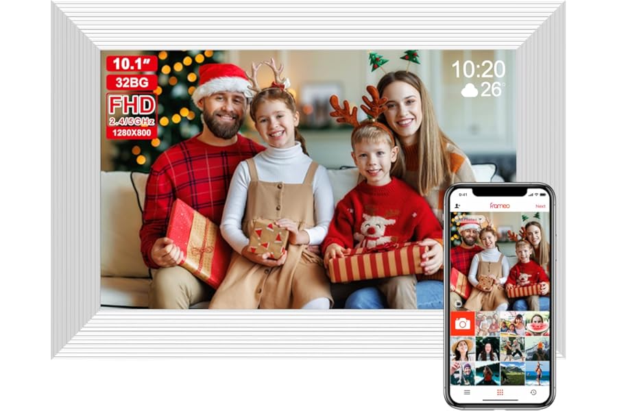Frameo 10.1 Inch Smart WiFi Digital Photo Frame,Digital Picture Frame Wi-Fi with 32GB Storage & SD Slot, Electronic Picture Frame IPS Touch Screen with Auto-Rotate, Frameo Digital Frame WiFi -White