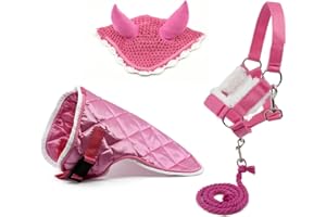 HOBBY HORSE LAND Ensemble d'accessoires Rose pour Hobby Horse et Cheval bâton : Licol moumoute avec Longe + Couverture + Bonnet Anti-Mouches