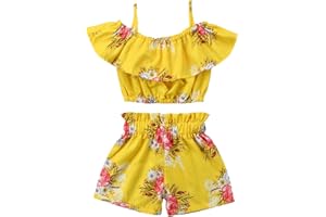 Carolilly Ensemble Florale 2 Pièces Enfant Bébé Fille Crop-Top à Bretelle sans Manches Col Volant + Shorts