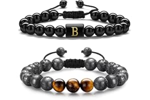 TINGN Lavastein Armband Herren mit Buchstaben, 2 Stück 8MM Tigerauge Stein Armband Obsidian Armband Stressabbau Yoga Perlen Armbänder Verstellbare Anti Angst Armband Geburtstag Geschenke für Männer