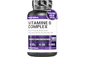 VITASTRONG. Vitamine B Complex haute dose-180 comprimés de vitamines du groupe B avec de la biotine, B1,B2 B3,B5, vitamine B6, vitamine B12 et acide folique - Pour la réduction de la fatigue et de l'épuisement