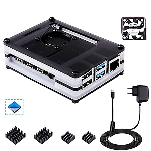Bruphny Boitier pour Raspberry Pi 4, Boîtier avec Ventilateur,Dissipateurs 4 Pièces, Bloc d'alimentation USB-C 5V 3A Compatible avec Raspberry Pi 4b/Modèle B/B+ (Pas De Carte Raspberry Pi Incluse)