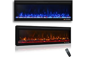 Mystflame BI50R - Camino elettrico da parete, Stufa con 13 colori di fiamma e luce inferiore, letto di combustibile di tronchi e cristalli, termostato 750/1500 W, controllo remoto e touch screen