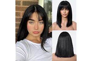 ‎TESTAR testar 14 Zoll Schwarze Perücken Für Frauen Kurze Schwarze Bob Peruck Mit Pony Natürliches Haar Synthetische Hitzebeständige Perücken Farbe Haar Perücken Für Karneval/Kostüme/Mottoparty
