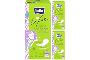 ‎BELLA bella For Teens Sensitive Normal Pantiliners Dermatest: Very Good Ultra Thin Pantiliners for Teenagers in Pack of 3 (3 x 58 Pieces) Mixed Shape and Fragrance-Free