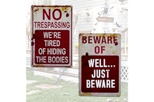 YUNRUILY 2 Pack Halloween Signs Vintage-Retro Fashion Funny Metal Sign No Trespassing We're Tired of Hiding The Bodies Outdoor Halloween Decorations for Yard Home Garden Bar Gifts 8x12inch