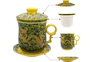 HOLLIHI Tasses à thé en porcelaine avec couvercle et soucoupe - Ensemble d'infuseur chinois Jingdezhen en céramique - Pour la maison et le bureau