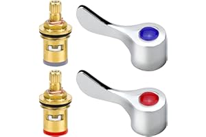 HAOSEA 2 Pcs Replacement Tap Valves Brass Ceramic Disc Cartridges Insert Set Quarter Turn 1/2" Inner Faucet Valve with 2 Metal Lever Heads for Kitchen Bathroom Tap Replacement