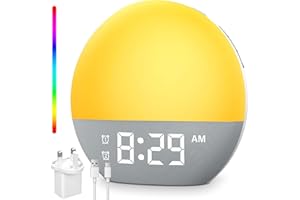 Brenth Sunrise Alarm Clock, Wake Up Light with Sunrise/Sunset Simulation Dual Alarms, 9 Min Snooze, 10 Colors Atmosphere Lamp, 24 Natural Sounds & FM Radio, Charging Port, Dimmable Bedside Night Lamp