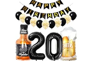 Conruich Geburtstagsdeko 20 Jahre Mann Frau, Luftballon 20. Geburtstag Deko Mann, Folienballon Zahl 20 Schwarz, Helium Ballon Whiskey Bierglas für 20. Geburtstag Manner Party Dekoration