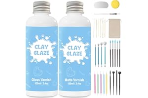 EIGTWEN 2 x 100ml Air Dry Clay Glaze and 29pcs Clay Tools Kit, Gloss Airdry Varnish Protects Pottery from Surface Wear, Pottery Tools Can be Used for Stippling, Carving, Molding(Gloss+Matte)