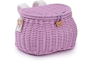 SVNR Kids Bike Basket Set, Bike Scooter Tricycle Basket, Children Cycling Basket, Children Bike Basket Handwoven Backpack with Lid Shoulder Strap, Rattan Basket, Front Handlebar Basket