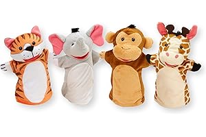 Melissa & Doug 4 Títeres de Mano con Animales de Safari, Marionetas para niños y Adultos, Juguete Creativo de Calidad, Regalo para niños y niñas de 3 4 5 6 7 años, Tigre, Elefante, Mono,etc
