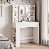 JUMMICO Makeup Vanity with Adjustable LED Mirror and Power Strip | Makeup Table for Bedroom with 2 Large Drawers, Open Shelve