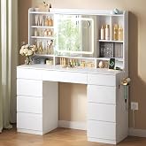 WOLTU Makeup Vanity with LED Light, Sliding Mirror, Power Strip | 9 Drawers, Dimmable Light, 1 Tray Jewelry Box, Multiple She