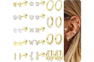 Adramata 14 Pairs Boucles d'Oreilles Femme Or Argent Hypoallergéniques Boucle d Oreille Acier Inoxydable Creoles Or Argent Boucle d'Oreille Clous Petites Cartilage Tragus Helix Piercing Oreille