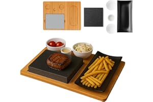 CAWI Tabla para carne, tabla de servir de piedra volcánica, tabla de bambú con parrilla de piedra caliente, placa para carne, placa de piedra, juego de barbacoa de mesa