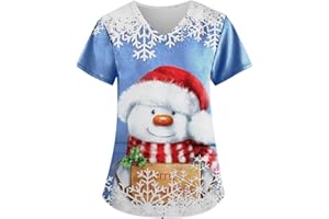 GRACEYO Damen Weihnachten Motiv Bunt Pflege Kasack Kurzarm V-Neck Krankenhaus Schlupfhemd Berufsbekleidung Atmungsaktiv Krankenpfleger Kasack Pflege Bluse Arzt Uniform Krankenschwester Kleidung Mit Taschen