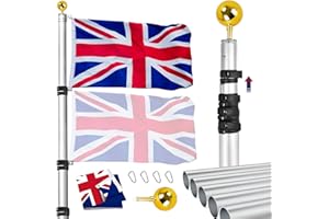 iElyiEsy Telescopic Adjustable Heavy Duty Aluminum Flag Pole Kit 6M (20FT) Height ，with 3x5 UK Flag & Golden Ball Topper for Yard House Ground Residential Commercial, Silver