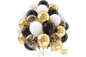 QIFU Black and Gold Balloons 62pcs, Metallic Gold White and Black Confetti Balloons Personalised Balloon with Ribbons for Men Boy Birthday Party Decorations New Year Graduation Anniversary Prom