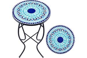 VONLUCE Tavolino Rotondo da Giardino, Supporto per Piante, Tavolo Mosaico con Piano in Piastrelle di Ceramica da 35,5 cm, Mobili da Esterno, Tavolino da Caffè per Casa e Giardino (Blu)