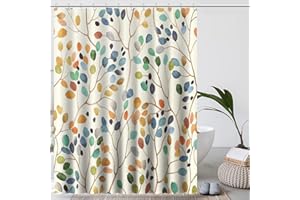 IGINOA Duschvorhang 180x200 Beige Antischimmel aus Stoff Waschbar Badevorhang Bunt Pflanzen Motiv mit Ösen Shower Curtains Vintage Textil Schimmelresistent Badezimmer Badewanne Vorhang Boho Muster