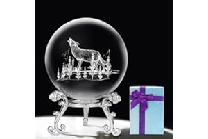 KOMINZZ Crystal Ball 3D Laser Wolf Figurines Wolf Gifts for Men Women Gifts for Wolf Lovers Glass Paperweights Decorative Ball with Stand Wolf Ornaments Glass Ornaments for The Home