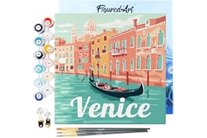 Figured'Art Mini Peinture par Numéro Adulte 20x20cm avec cadre Gondoles à Venise - Petit Format Kit de Loisir Créatif DIY Numéro d'Art Complet