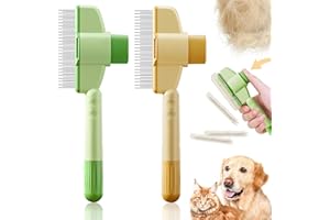 Healife Flohkamm Set für Hunde und Katzen, 2 Stück, Selbstreinigender Pflegekamm mit Bürste, Grün + Gelb