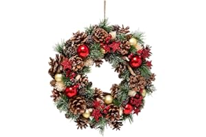 FEERIC LIGHTS & CHRISTMAS Atmosphera – Couronne de Noël Houx et Étoiles D35 cm – Décoration Festive avec Boules Rouges et Dorées, Pommes de Pin et Feuillage Artificiel – Couronne Murale ou de Porte pour Ambiance de Fêtes