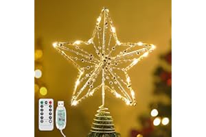 ‎LEWONDR Lewondr Weihnachtsbaum Spitze Stern, 11,8 Zoll Glitzernd Weihnachtsdeko LED Weihnachten Baumspitze mit Perlen & Timer, USB-betrieben Fernbedienung Tannenbaum Spitze Stern Weihnachtsbaum Innen, Gold