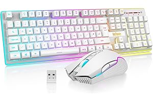 RedThunder K10 kabellose Gaming-Tastatur und Maus-Kombination, LED-Hintergrundbeleuchtung, britisches Layout, mechanische Tastatur + 7D 3200 DPI Mäuse für PC Gamer (weiß)