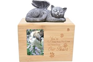 Umberdom Cat Ashes Box, Pet Urns for Cat Ashes, Bamboo Ashes Box for Cat, Cat Ashes Holder Casket Keepsake Memorial Gift with Picture Frame- Cat Angel