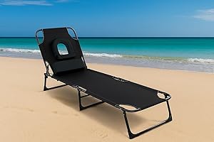 Wadan 1x Black Sun Loungers for Garden | Foldable | 4 Reclining Positions | Sun Lounger Chair with Padded Face Hole | Folding Metal Frame | Extra Cushions | NO Assembly Required