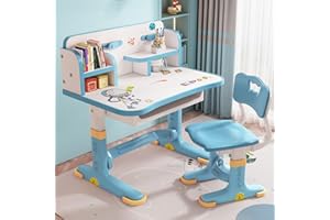 Shienfir Premium Kids Study Desk and Chair Set, Children's Height Adjustable Study Desk w/Integrated Shelf and Drawer, Astronaut Pattern, Ergonomic Desk Chair with Large Writing Board Blue B