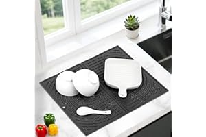 EUQVUNN Silicone Draining Board Mats, Dish Drying Mat for Kitchen Counter, Folding Sink Drainer Mat, Non-Slip Silicone Trivet, Quick Drying, Heat Resistant, for Sink, Countertop, 43×34cm (Black)