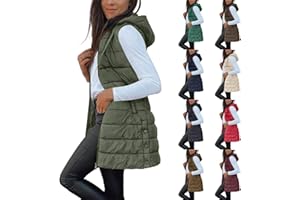 LANUNLLY Chaleco Mujer Largo Invierno Acolchado Chaqueta sin Mangas Algodón Chalecos Largos Casual Moda Abrigo con Capucha Abrigos De Invierno Termico Parka Cálido Talla Grande Outwear con Cremallera Otoño