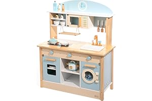 ROBUD Drewniana kuchnia do zabawy dla dzieci, kuchnia dla dzieci, kuchnia z zabawkami, chłopcy i dziewczęta w wieku od 3 lat, urodziny, zestaw kuchenny z zastawą stołową i przyprawami