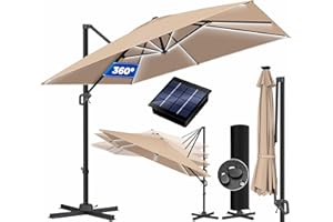 KESSER® Sonnenschirm LED Solar Ampelschirm SUN XL 300 x 300 cm Inkl. Abdeckung +Windsicherung Drehbar Neigbar Kippbar Marktschirm Groß 360° Rotation, Gartenschirm mit Kurbel Sonnenschutz, Taupe