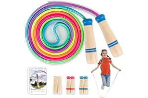 PALECLOUDS Springseil Kinder, Verstellbare Seilspringen für Fitness, 250CM Jump Rope Kinder mit Holzgriff und Regenbogen-Springseil, Skipping Rope Kids für Jungen und Mädchen 4 5 6 7 8 9 10 jahre