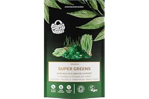 Earths Basket Organic Super Greens Powder - 100g - Blend of Spirulina, Chlorella, Wheatgrass & Barley Grass - Rich in Vitamin A, B12 & Iron