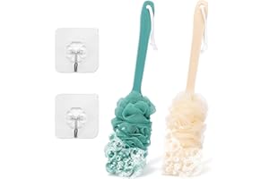 NICEMOVIC 2 Pack Back Scrubber Brush Shower Loofah for Men or Women 17″ Body Scrubber Long Handle Sponge with Bath Brush Net Soft Mesh Back Washer Exfoliating and Removing Dead Skin Bath (Green & Beige)