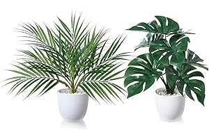 SOGUYI Piante Finte da Interno con Vaso 40cm Pianta Finta Palma Areca/Monstera Deliciosa Piantine Finte Decorative da Scrivania Cucina Appartamento Moderna Design,2 Plantes