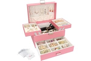 CASIWAFT Jewellery Box Organiser, 3 Layer PU Leather Jewellery Case, Large Jewellery Organiser with Drawer, Jewellery Storage Case for Necklaces Earrings Bracelets and Rings, Pink