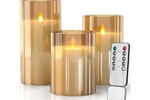 SUNNEST Led Flameless Candles, Gold Warm Light Glass Fake Candle Battery Operated Flickering Candle Pillar Moving Flame Electric Candle Sets with Remote Timer, 4 in, 5 in, 6 in, Pack of 3 (Gold)